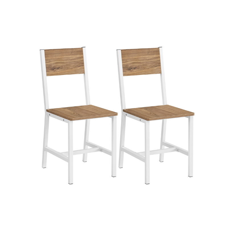 Dining Chair Set of 2 - Rustic Wood Chairs with Metal Steel Frame - White Oak
