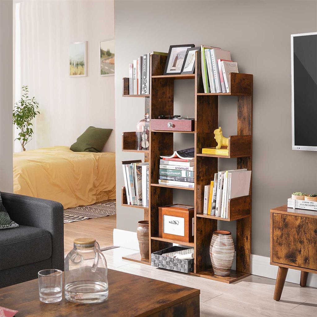 Tree-Shaped Bookcase with 13 Storage Shelves - Rustic Brown