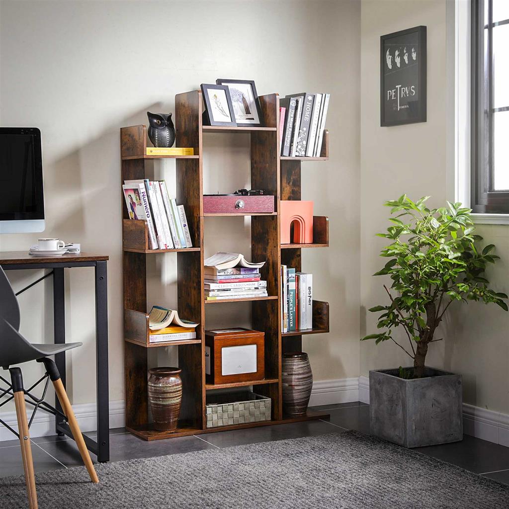 Tree-Shaped Bookcase with 13 Storage Shelves - Rustic Brown