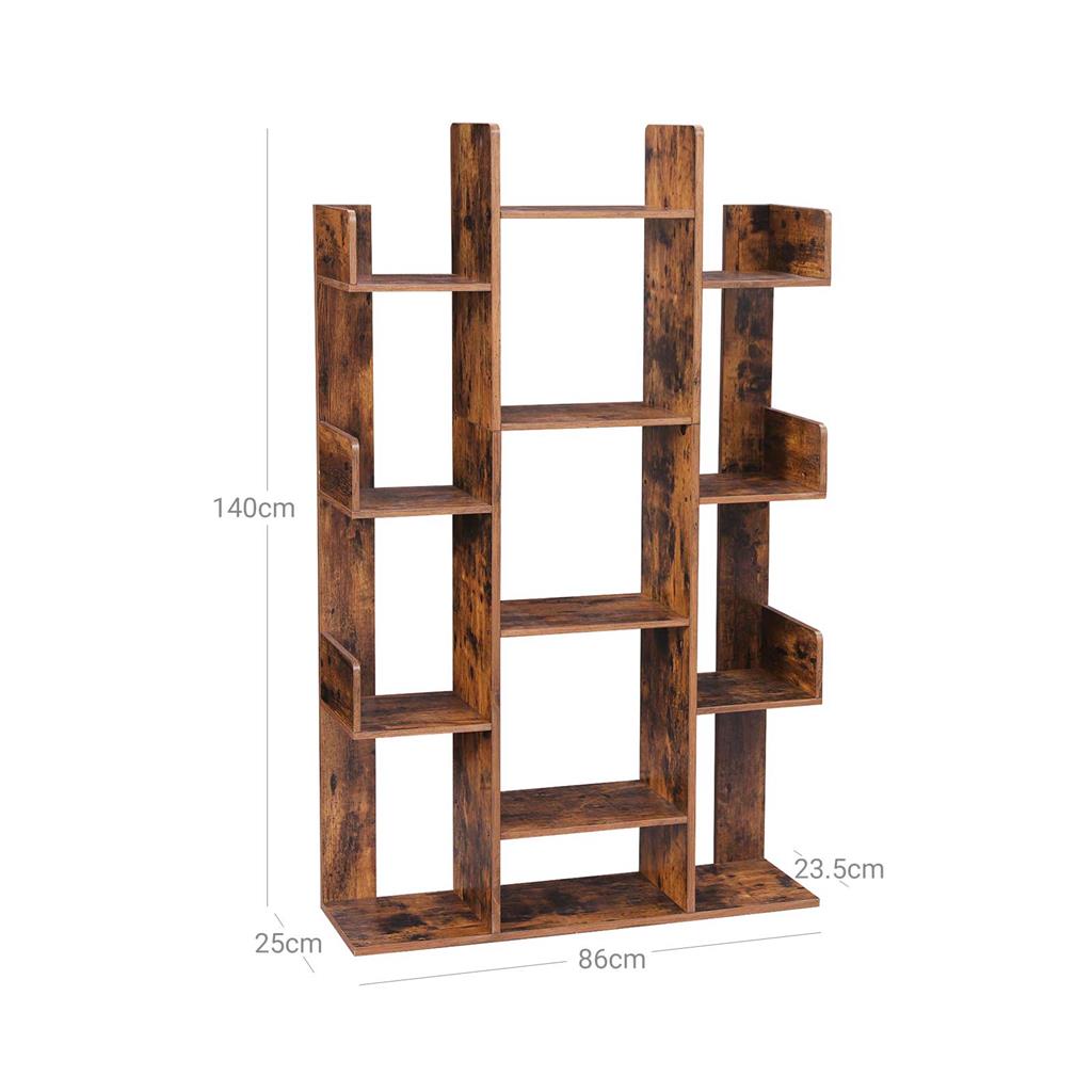Tree-Shaped Bookcase with 13 Storage Shelves - Rustic Brown