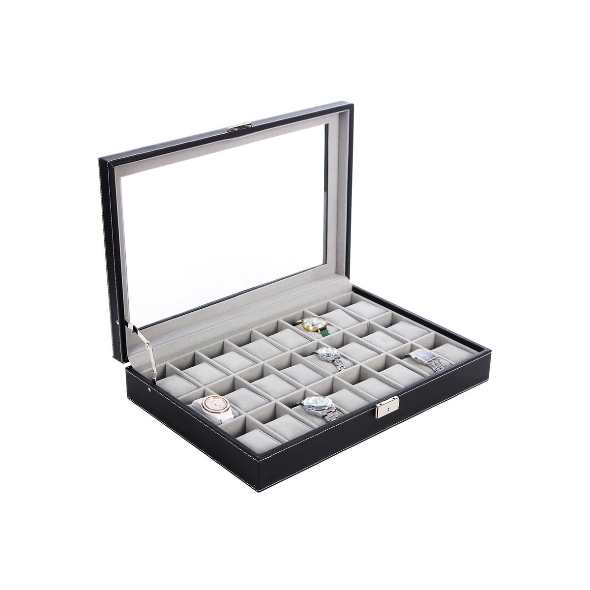 24-Slot Lockable Watch Storage Box with Glass Lid