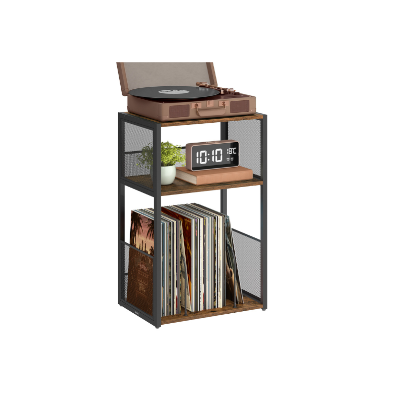 3-Tier Side Table - Vinyl Record Storage Up to 100 Albums - Rustic Brown
