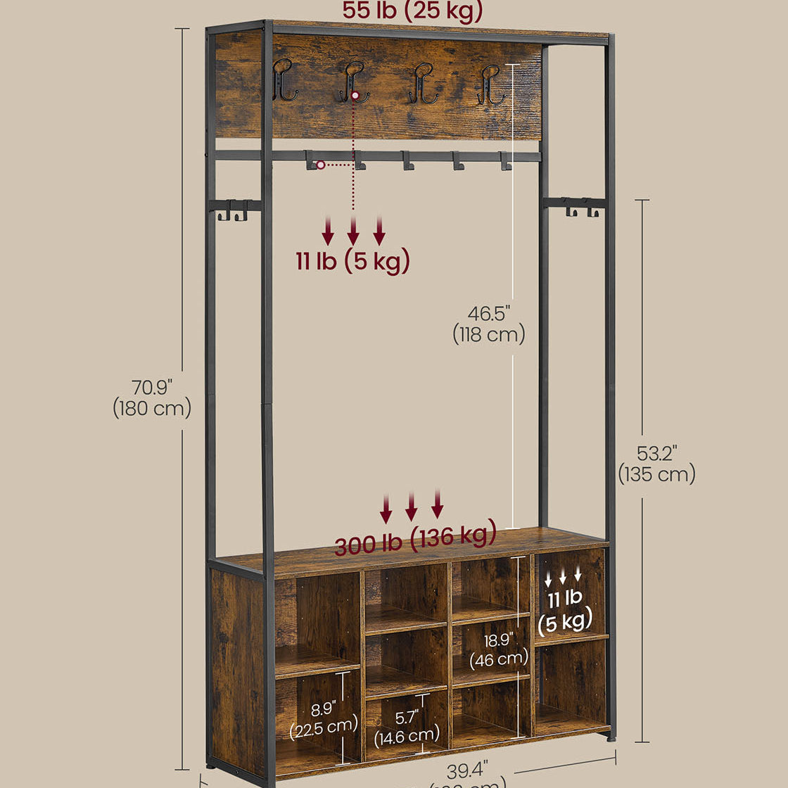 4-in-1 Entryway Hall Tree, Bench, Coat Hooks, Shoe Storage, Top Shelf