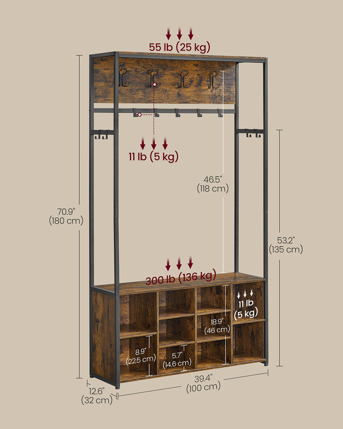 4-in-1 Entryway Hall Tree, Bench, Coat Hooks, Shoe Storage, Top Shelf