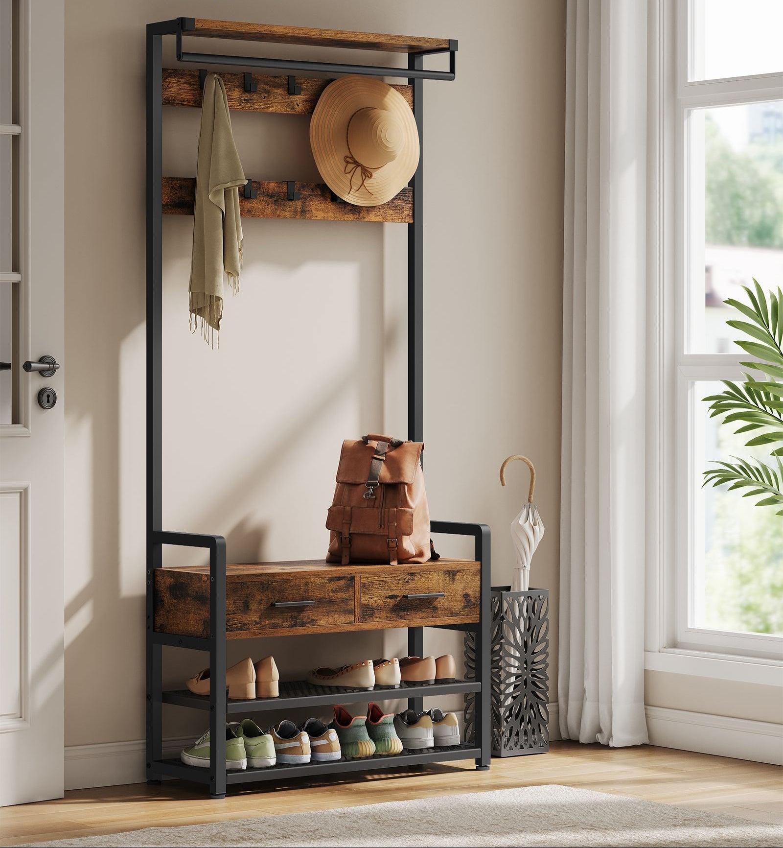 6-in-1 Entryway Hall Tree, Bench, Hooks, Shoe Rack, Drawers, Rail, Shelves