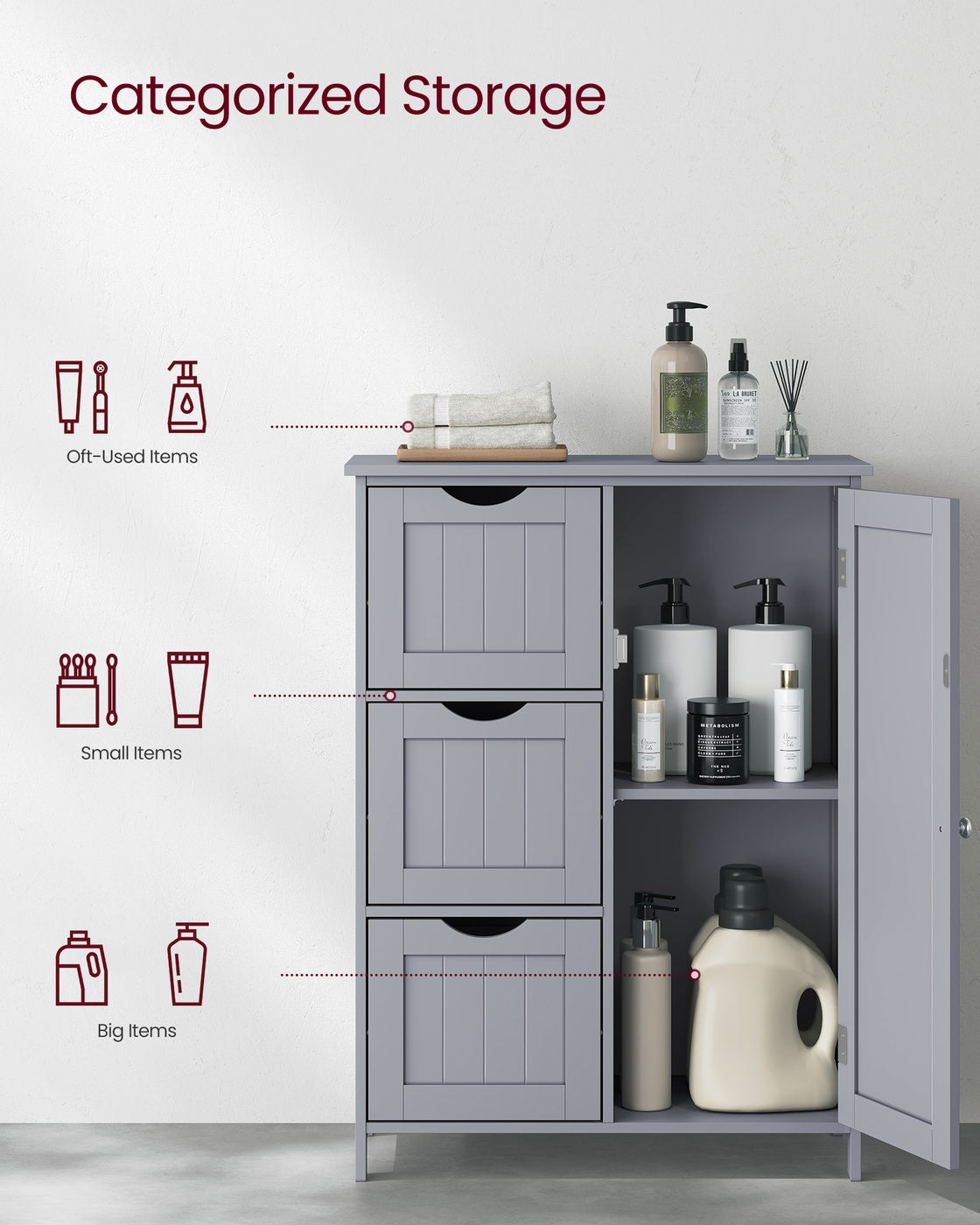 Bathroom Floor Storage Cabinet - Freestanding Bathroom Storage Unit with 3 Drawers
