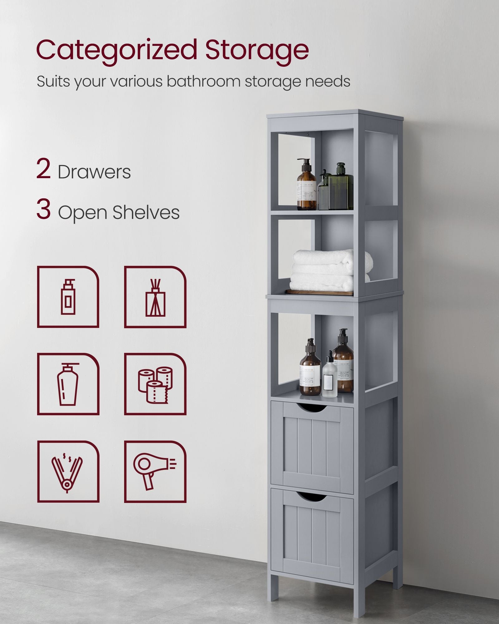 Bathroom Floor Cabinet with 2 Removable Drawers - Dove Grey