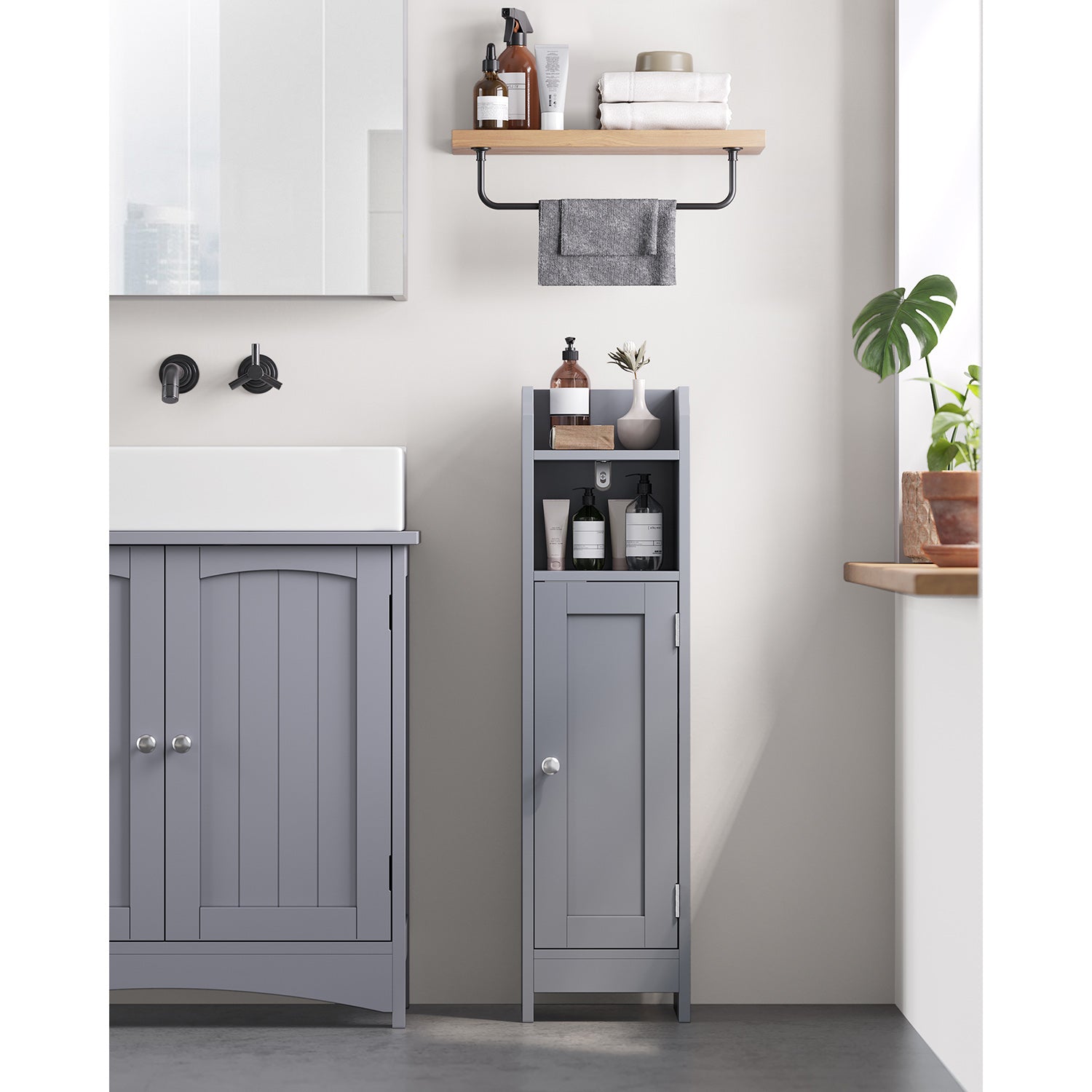 Small Bathroom Storage Corner Floor Cabinet with Door and Shelves - Mystic Gray