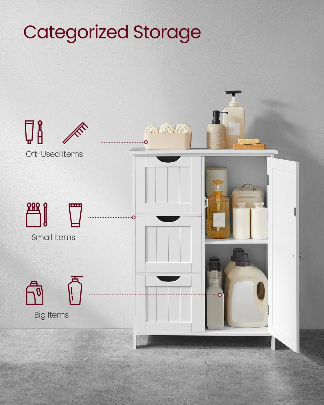 White Bathroom Storage Cabinet with 3 Drawers