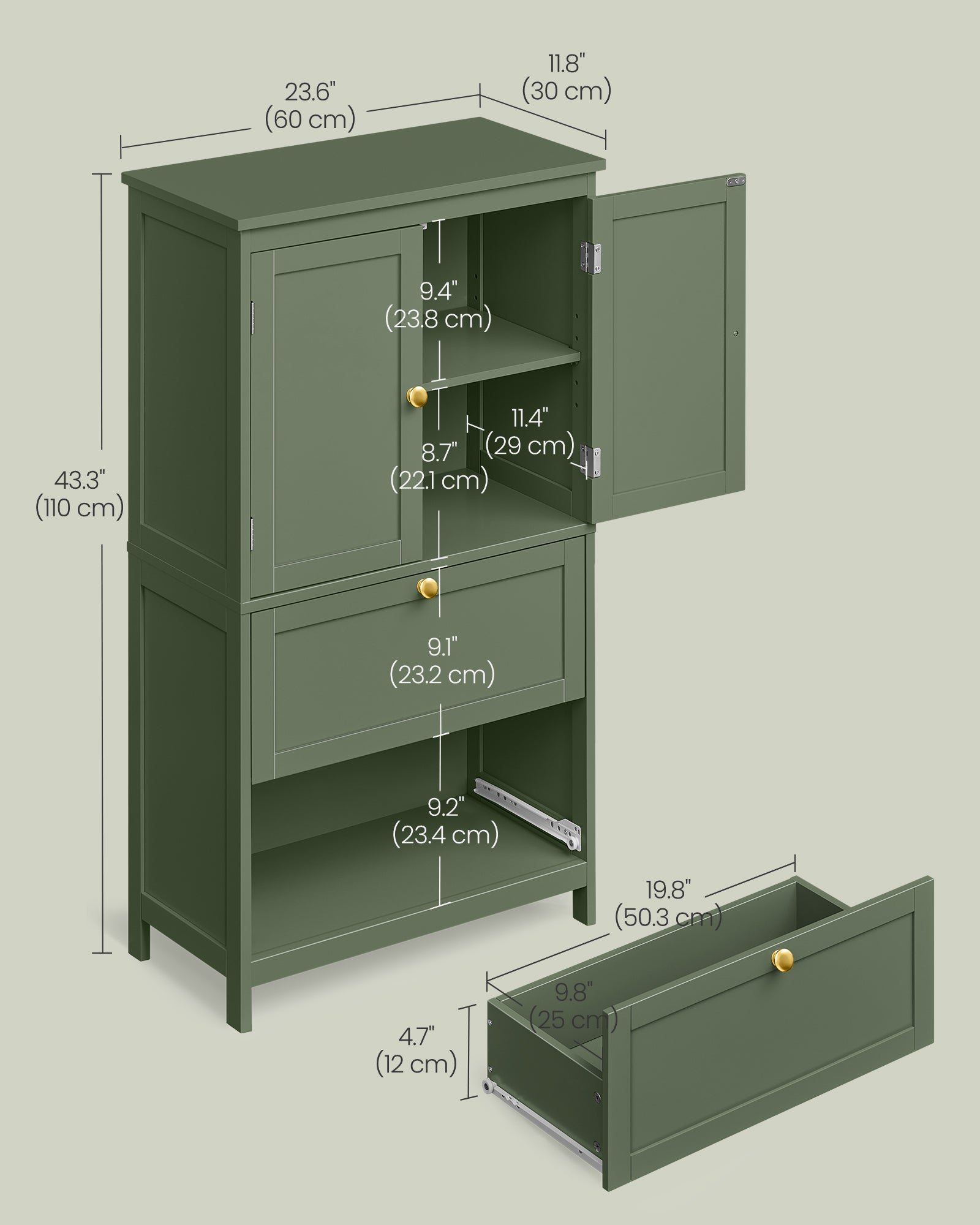 Bathroom Floor Storage Cabinet with 2 Drawers and 2 Doors - Forest Green