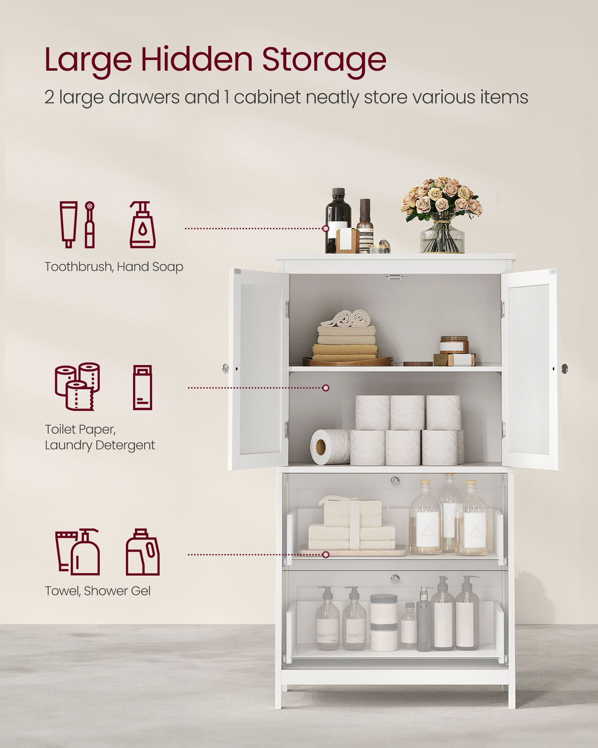Bathroom Floor Storage Cabinet - 2 Drawers and 2 Doors - Adjustable Shelf