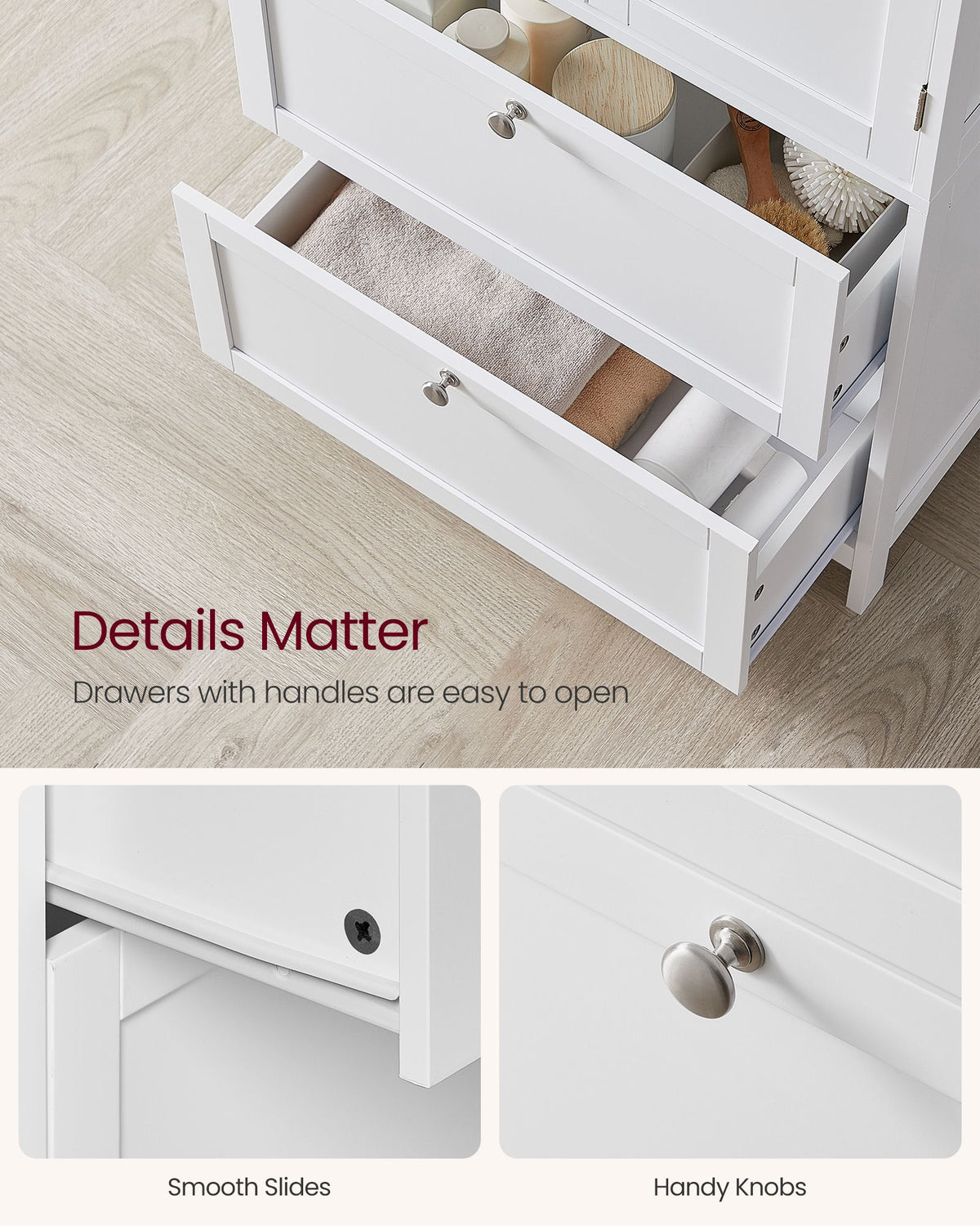 Bathroom Floor Storage Cabinet - 2 Drawers and 2 Doors - Adjustable Shelf
