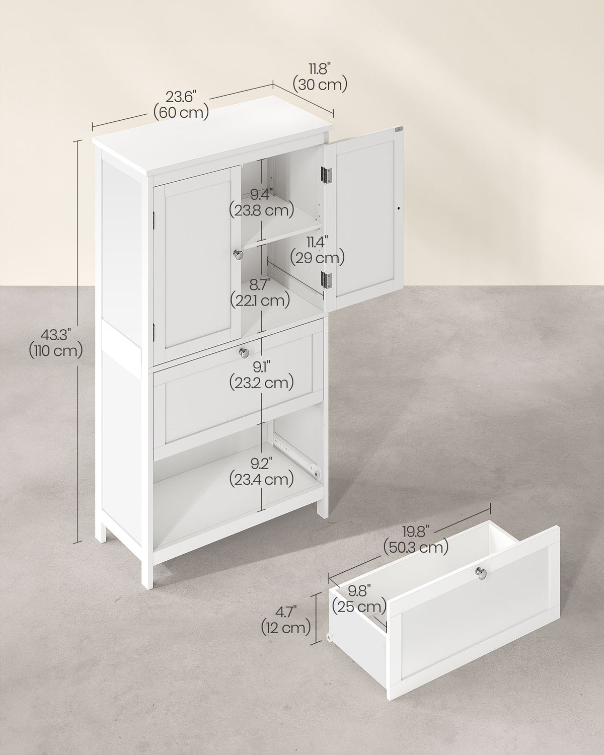 Bathroom Floor Storage Cabinet - 2 Drawers and 2 Doors - Adjustable Shelf