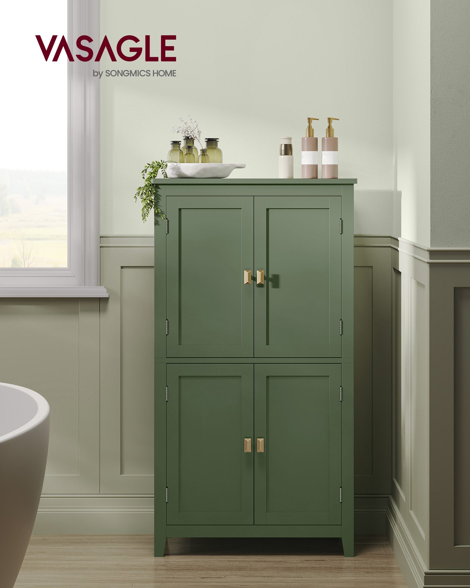 Bathroom Floor Storage Cabinet with 4 Doors - Forest Green