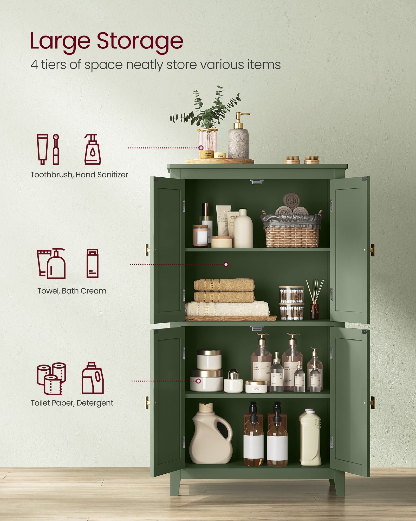 Bathroom Floor Storage Cabinet with 4 Doors - Forest Green