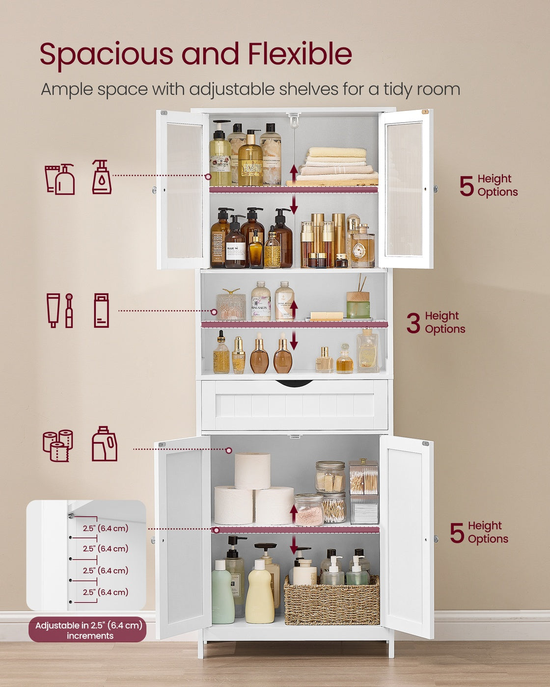 Tall Storage Cabinet - Adjustable Shelves - Drawers And Open Compartments - 67 Inch