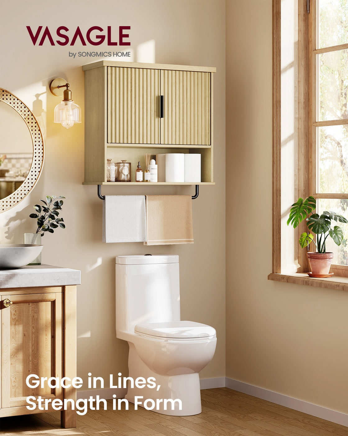 MAXE Collection - Bathroom Cabinet Wall Mounted - Over Toilet Hanging Cabinet - Oak Beige