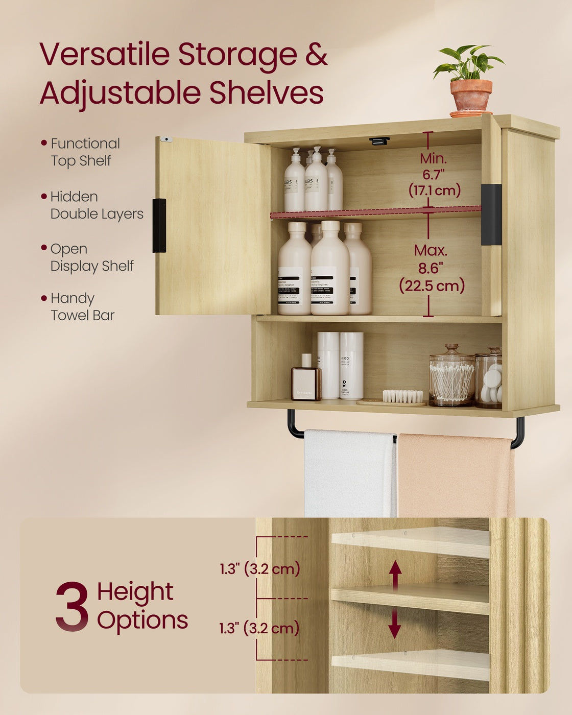 MAXE Collection - Bathroom Cabinet Wall Mounted - Over Toilet Hanging Cabinet - Oak Beige
