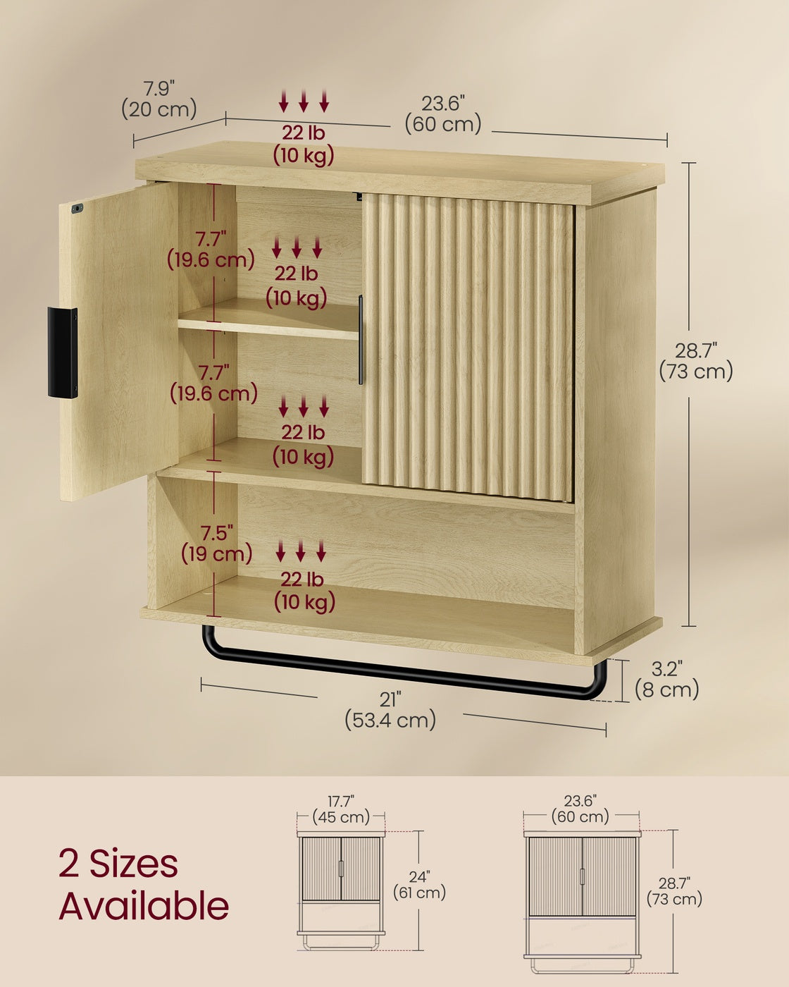MAXE Collection - Bathroom Cabinet Wall Mounted - Over Toilet Hanging Cabinet - Oak Beige
