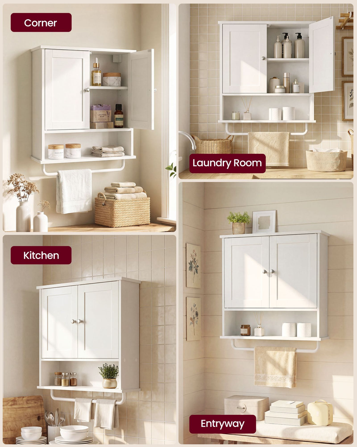 Hanging Bathroom Cabinet - Towel Rod - Recessed Doors - 22 Inch