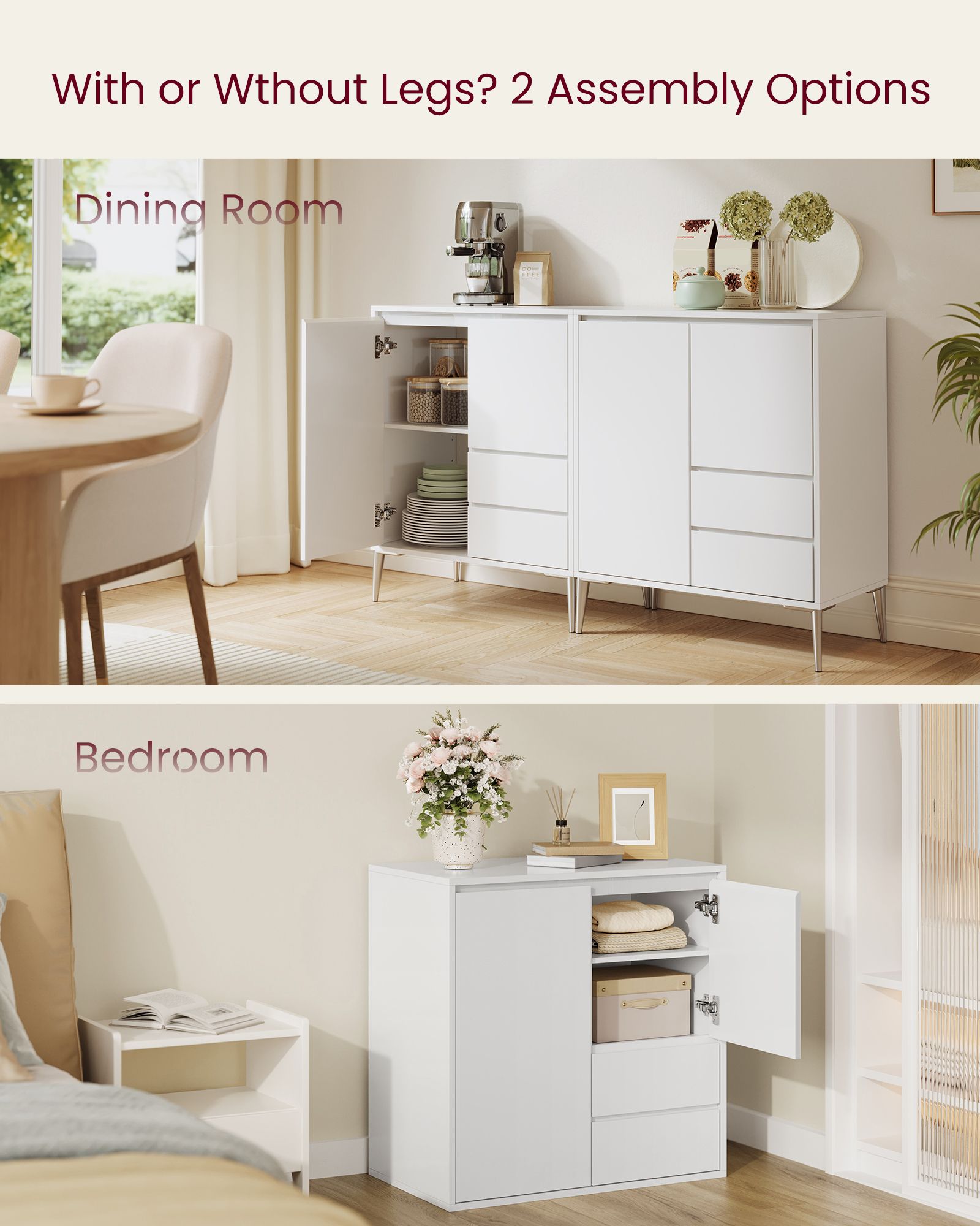 Sideboard - Buffet Cabinet with 2 Drawers - 2 Compartments with Doors and Height Adjustable Shelves