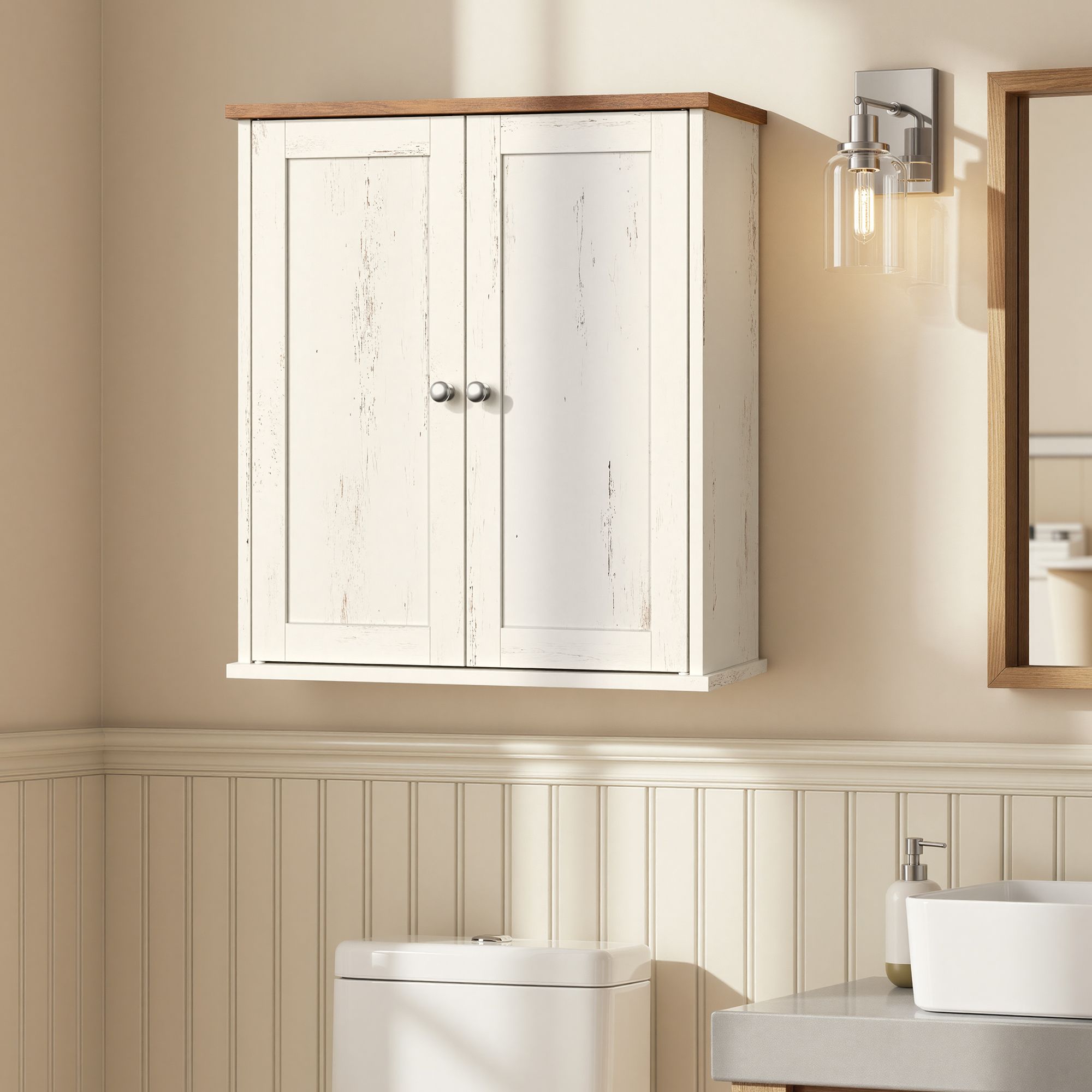 Bathroom Wall Cabinet - White + Brown