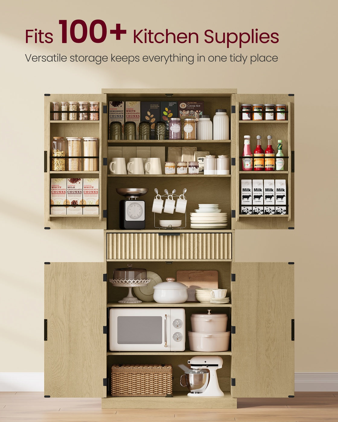 Pantry Cabinet - 15.7 x 30 x 71.7 Inches - Freestanding Tall Cupboard Storage Cabinet with a Drawer - Oak Beige