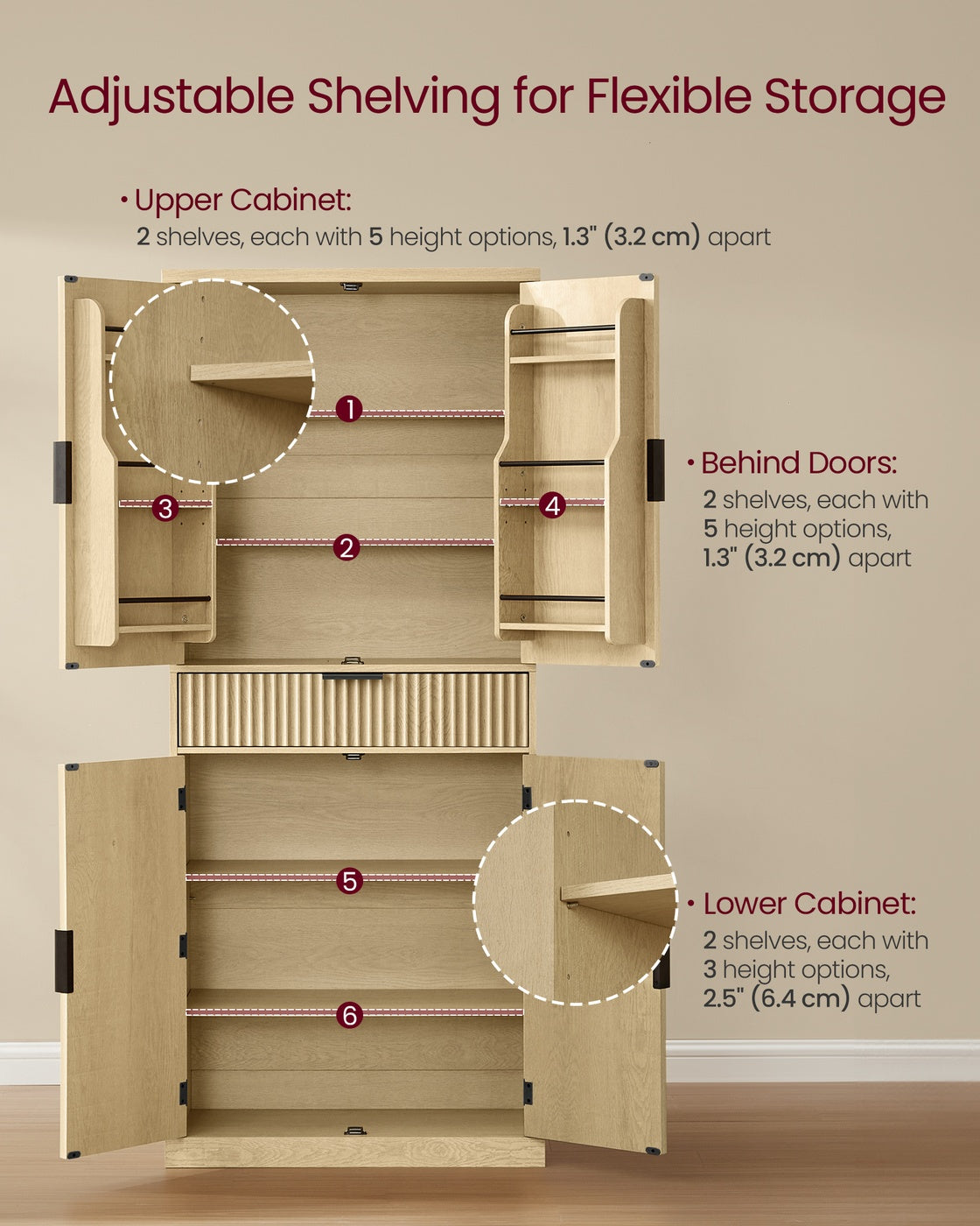 Pantry Cabinet - 15.7 x 30 x 71.7 Inches - Freestanding Tall Cupboard Storage Cabinet with a Drawer - Oak Beige