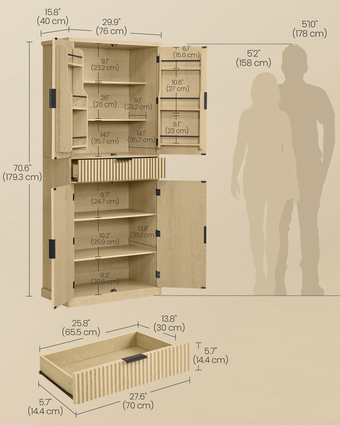 Pantry Cabinet - 15.7 x 30 x 71.7 Inches - Freestanding Tall Cupboard Storage Cabinet with a Drawer - Oak Beige
