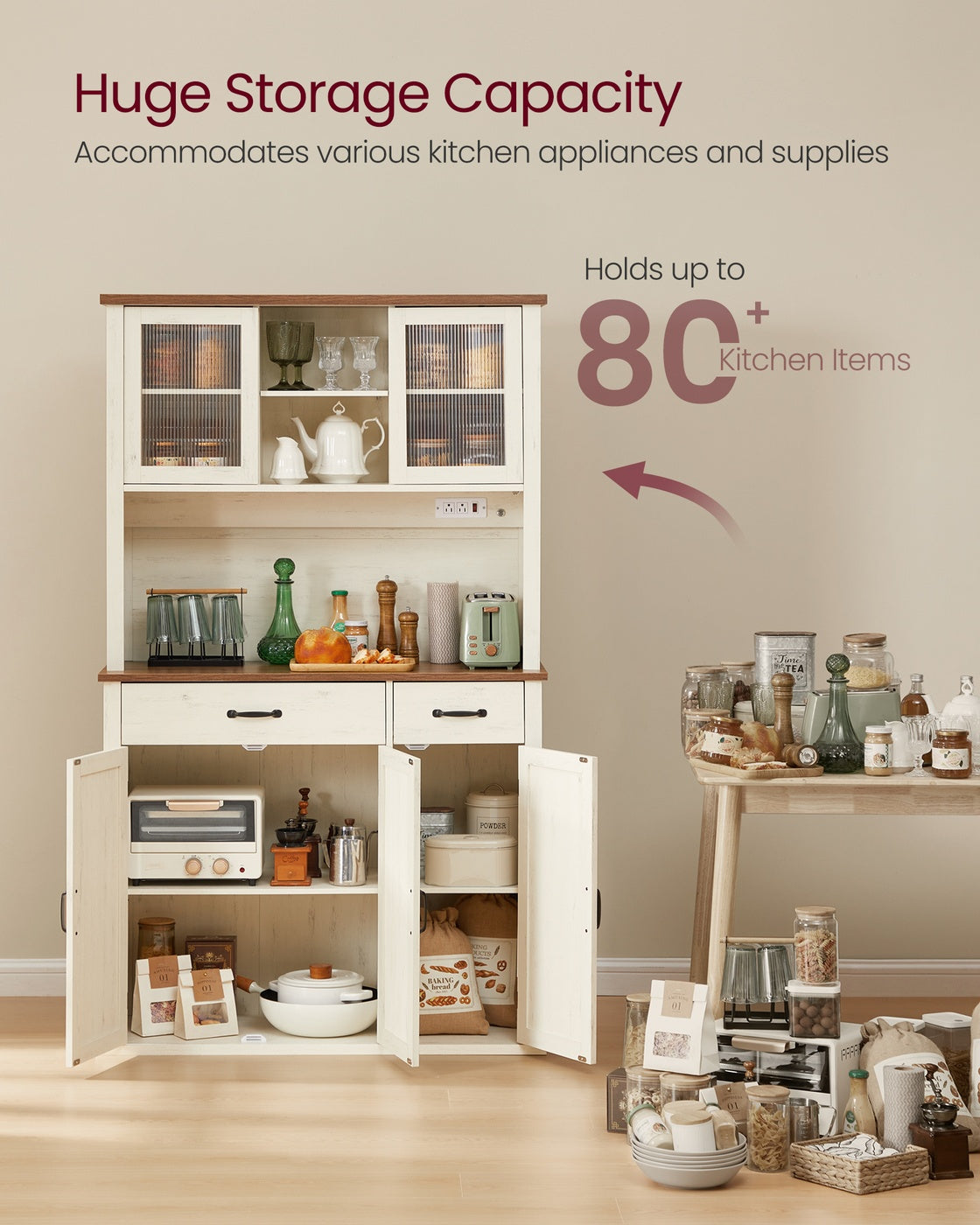 Pantry Cabinet with Lights and Charging Station 15.6 x 41.9 x 71.1 Inches Rustic White