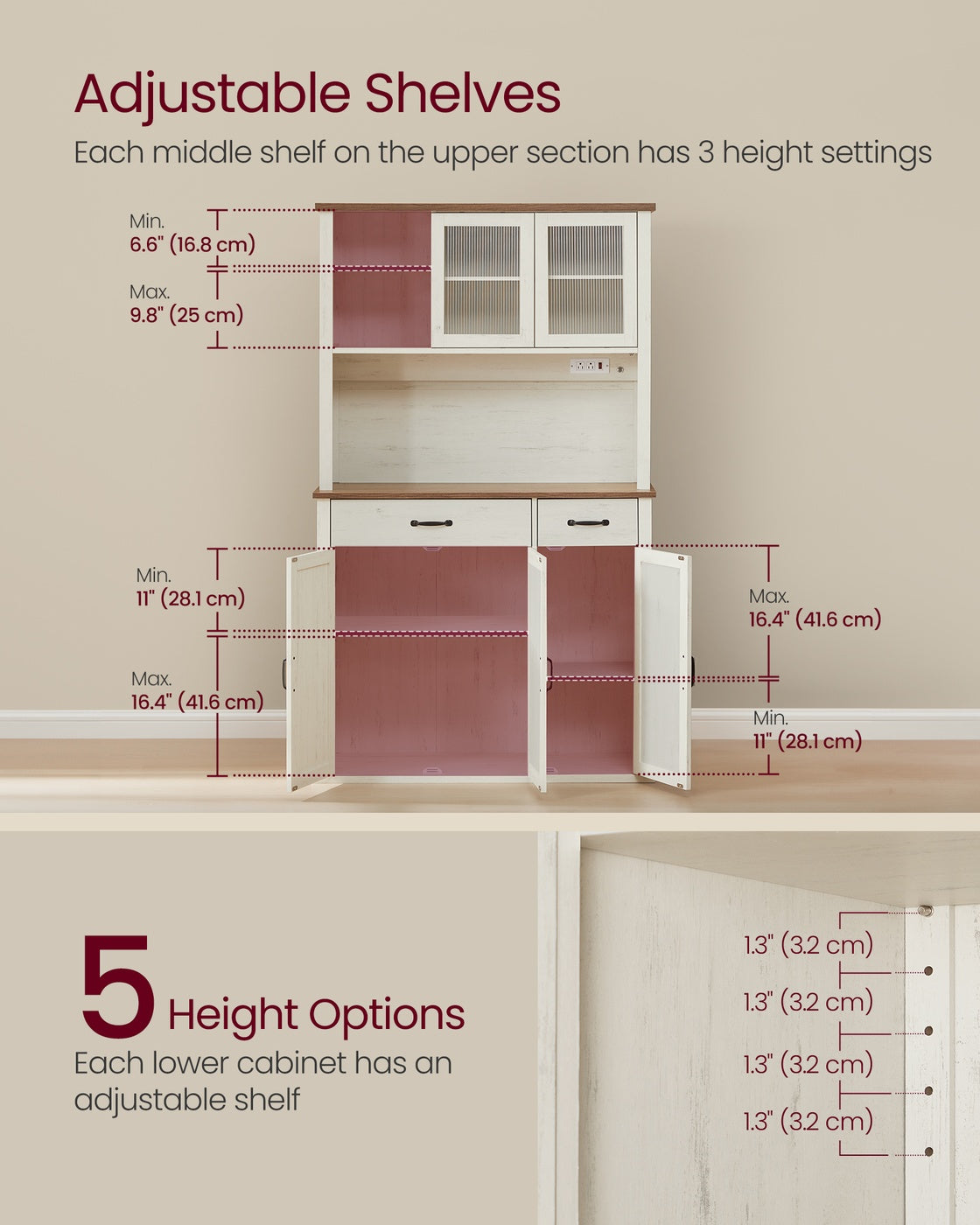 Pantry Cabinet with Lights and Charging Station 15.6 x 41.9 x 71.1 Inches Rustic White