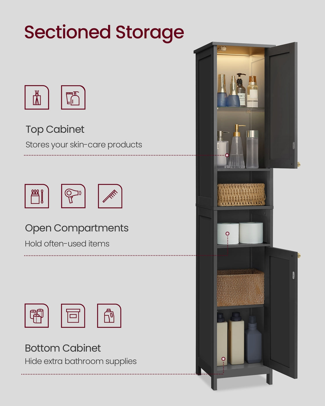Tall Storage Cabinet with Lights Matte Black