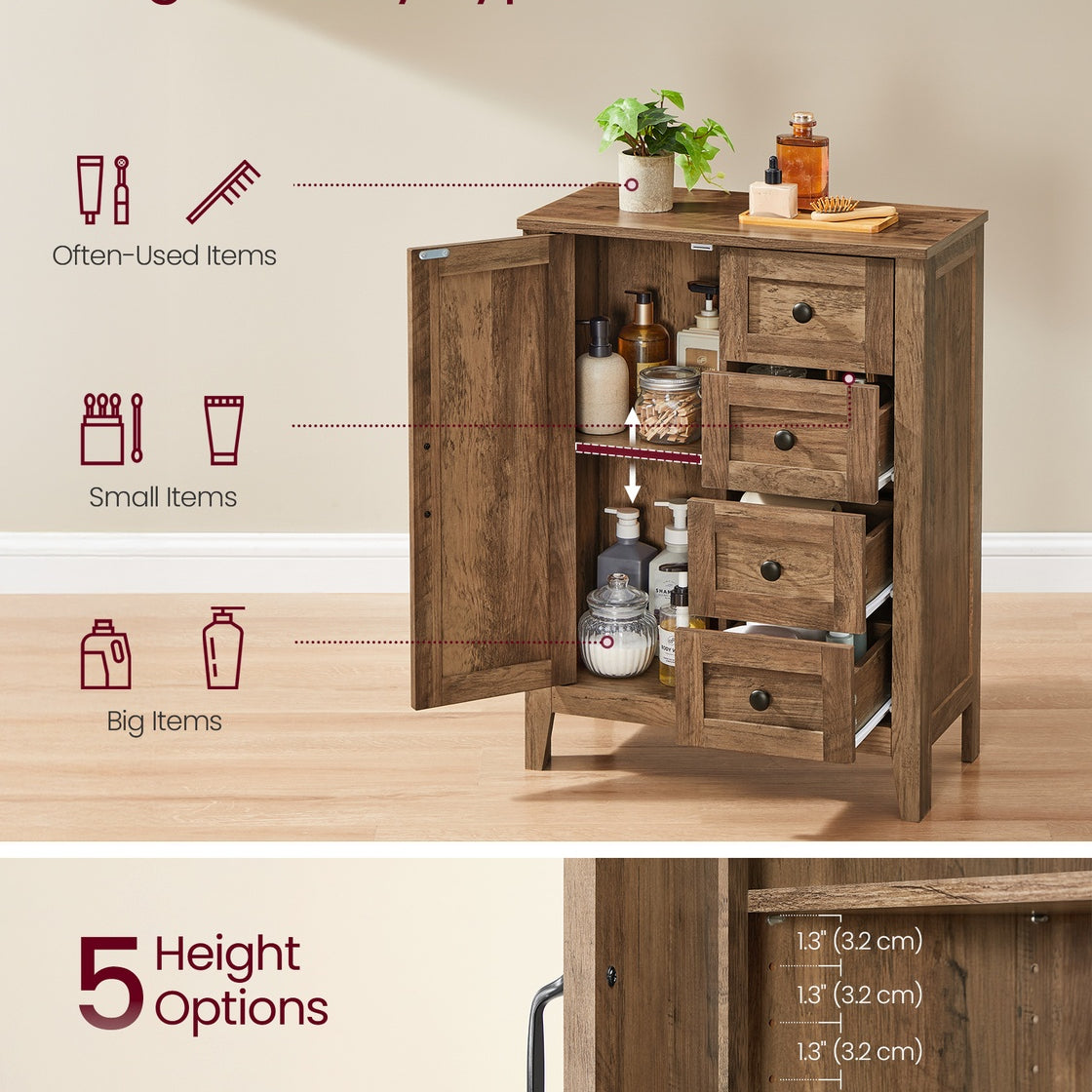 Farmhouse Bathroom Cabinet - 4 Drawers - 31 Inch - Floor Storage