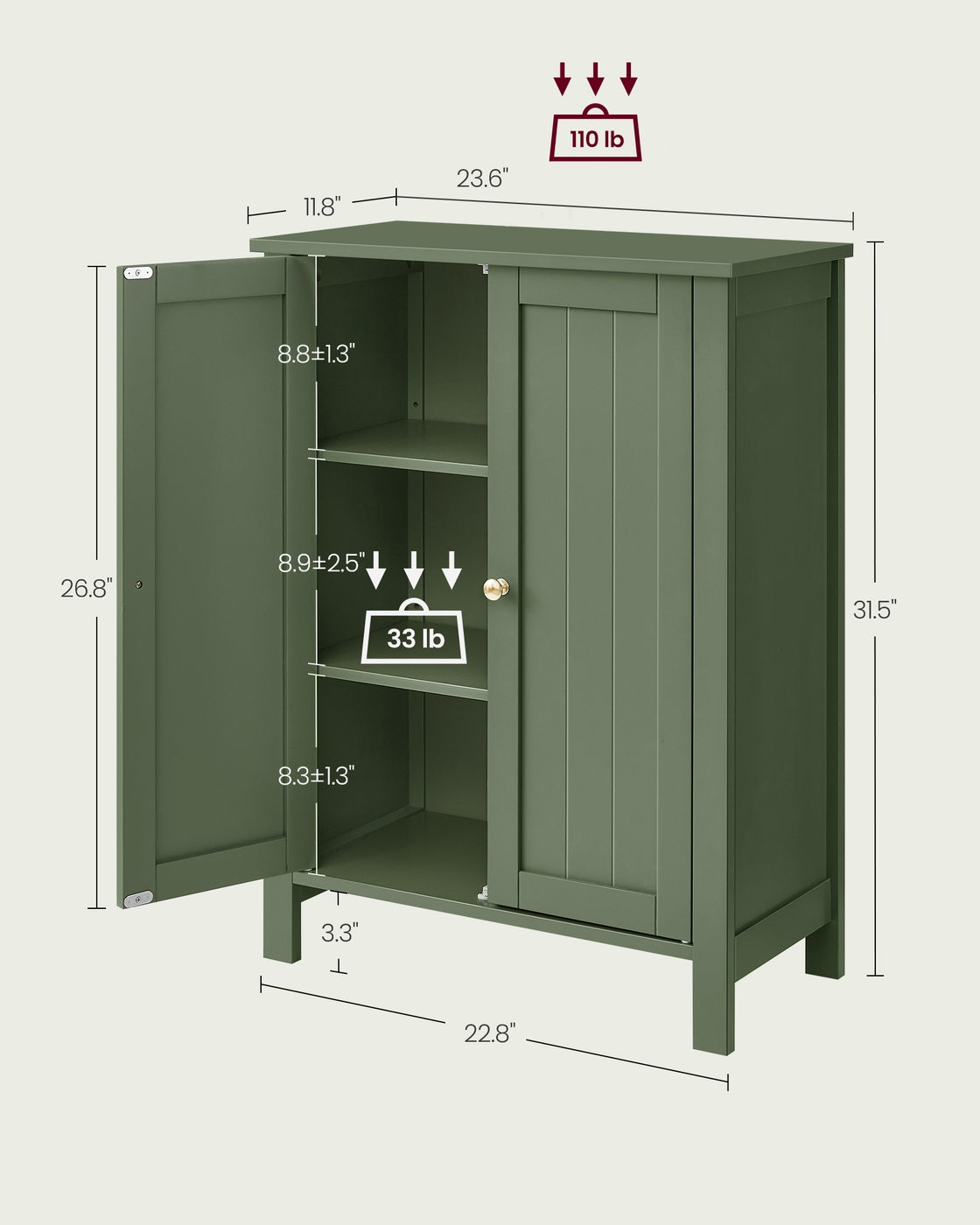 Bathroom Storage Unit with 2 Adjustable Shelves - Forest Green