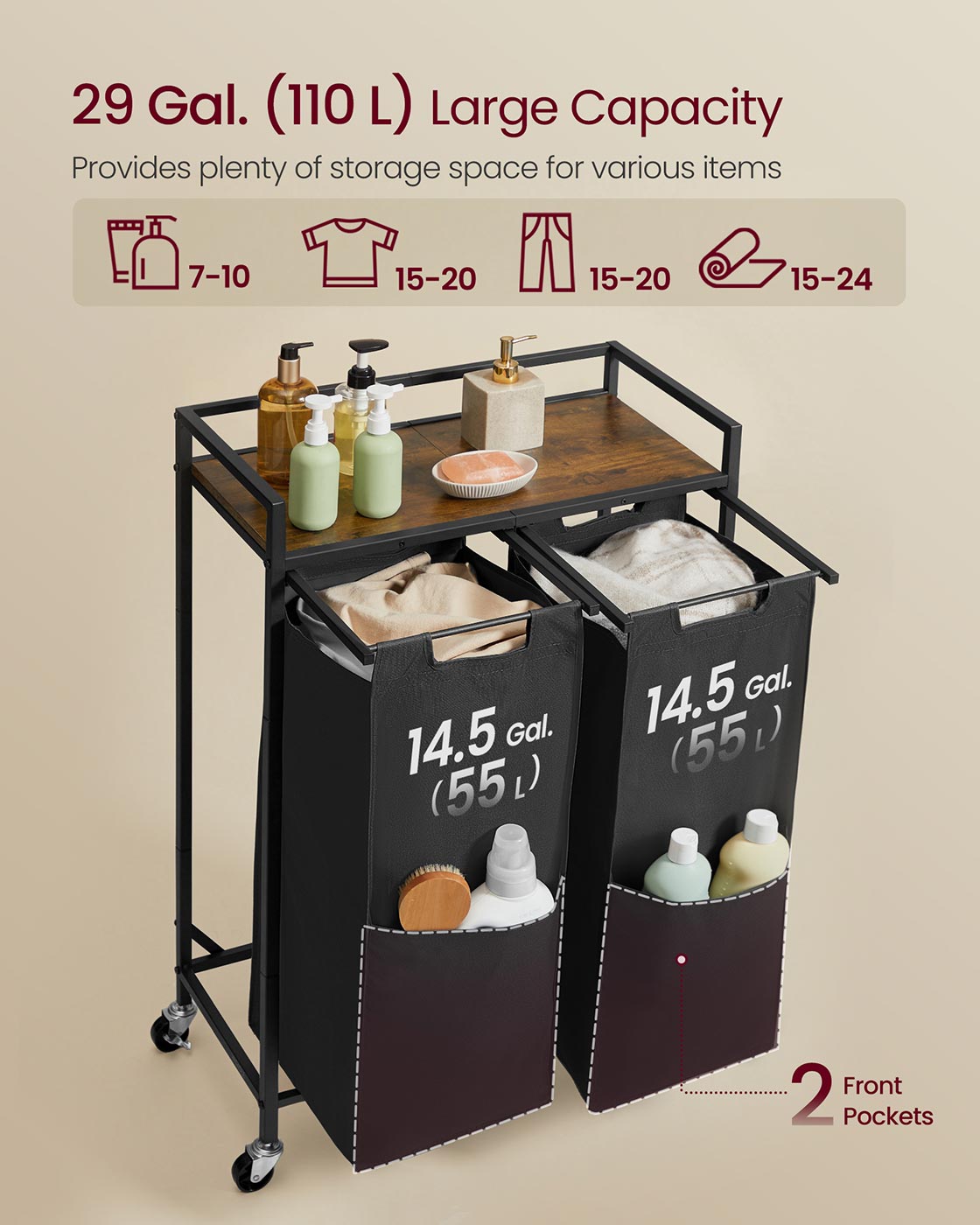 Laundry Sorter 29 Gal. (110 L) 2 Compartments Ink Black and Rustic Brown
