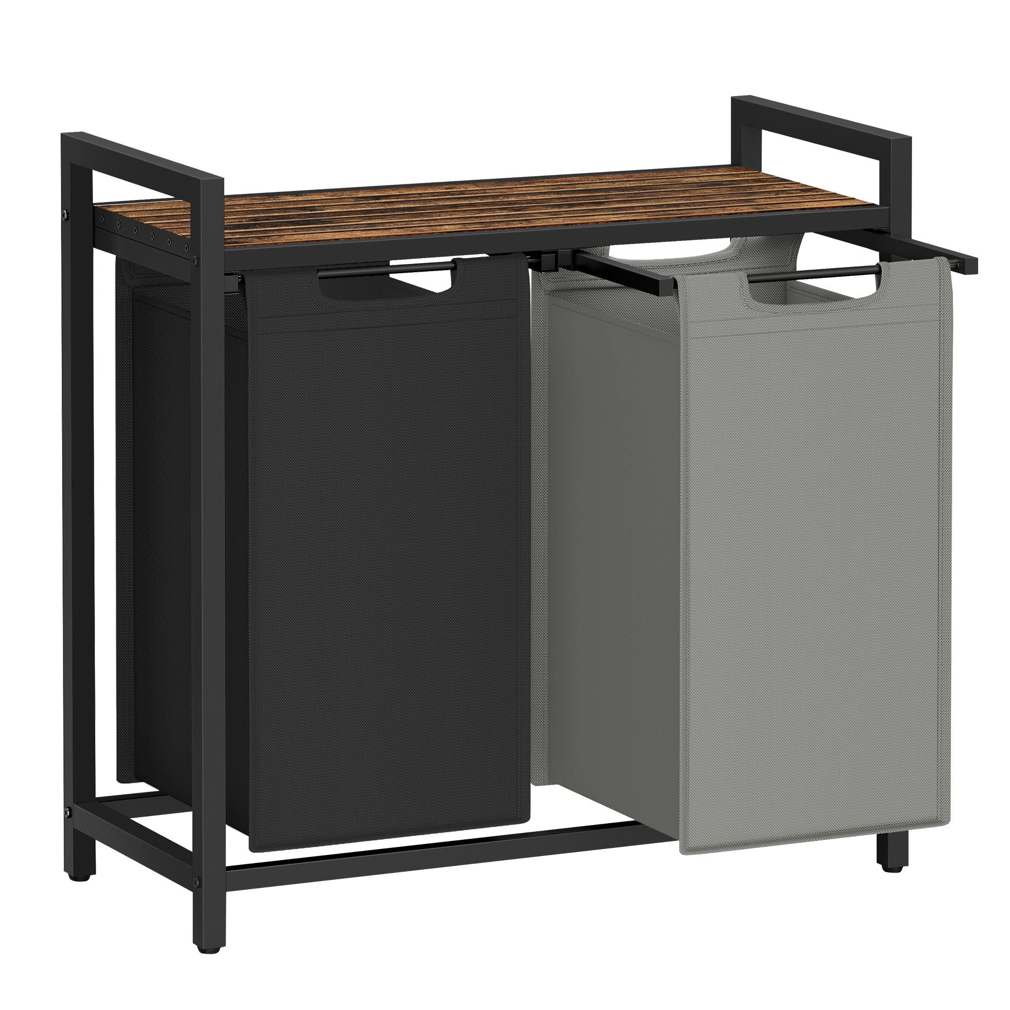 Laundry Hamperwith 3 Pull-Out and Removable Bags - 36.4 x 13 x 28.4 Inches - Tricolor and Rustic Brown - Ink Black, Dove Gray, Rustic Brown