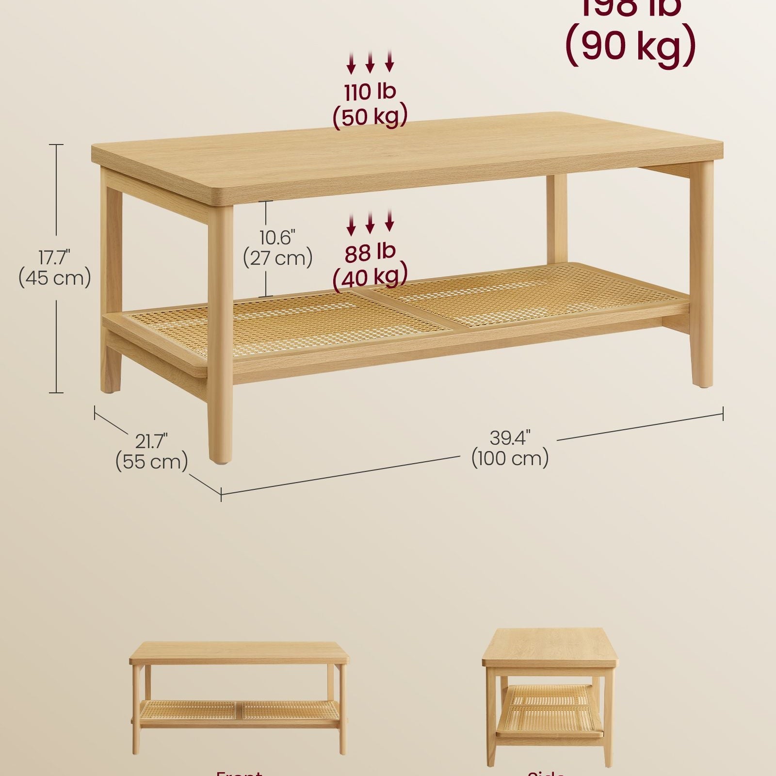 BOHO Coffee Table - Rattan Shelf - MDF Top - Rectangular Design
