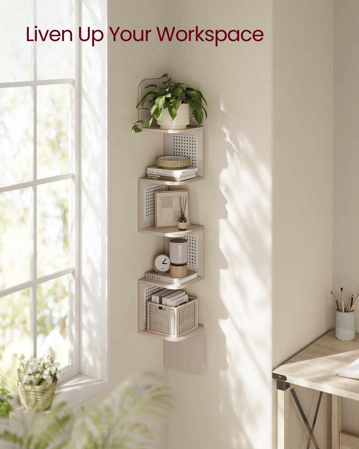 BOHO Corner Shelf - 5 Tiers - Wall-Mounted - PVC Rattan Sides - Space-Saving Design