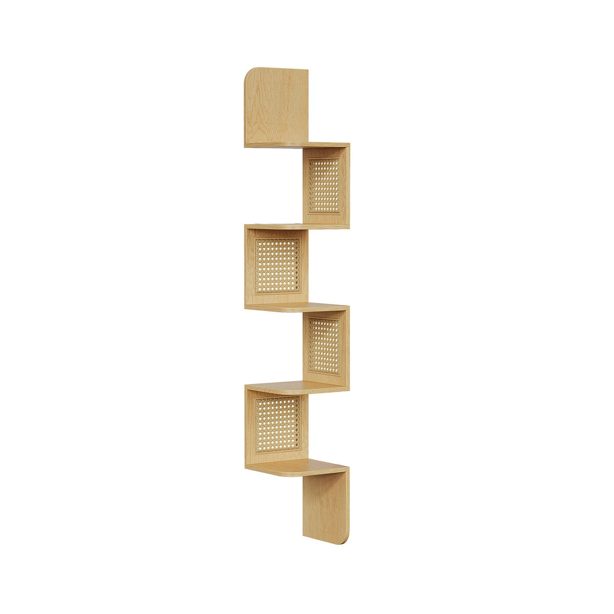 BOHO Corner Shelf - 5 Tiers - Wall-Mounted - PVC Rattan Sides - Space-Saving Design
