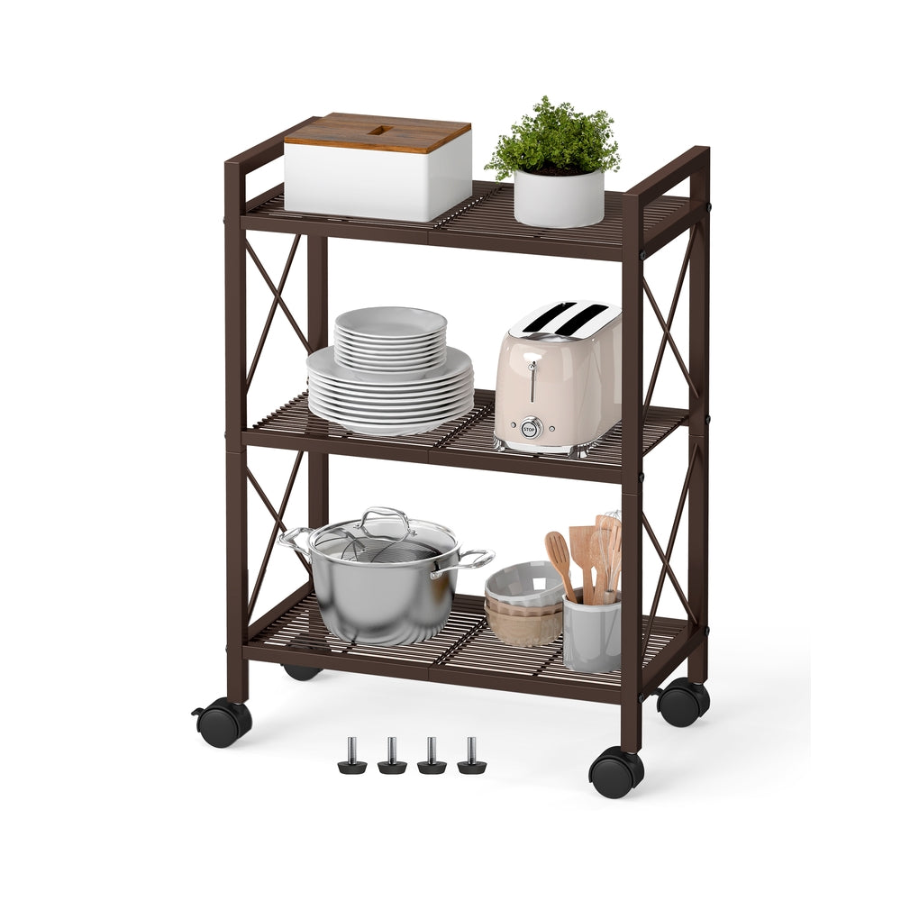 3-Tier Metal Storage Rack - Wheels - Mesh Shelves - 32 Inch Wide - Brown