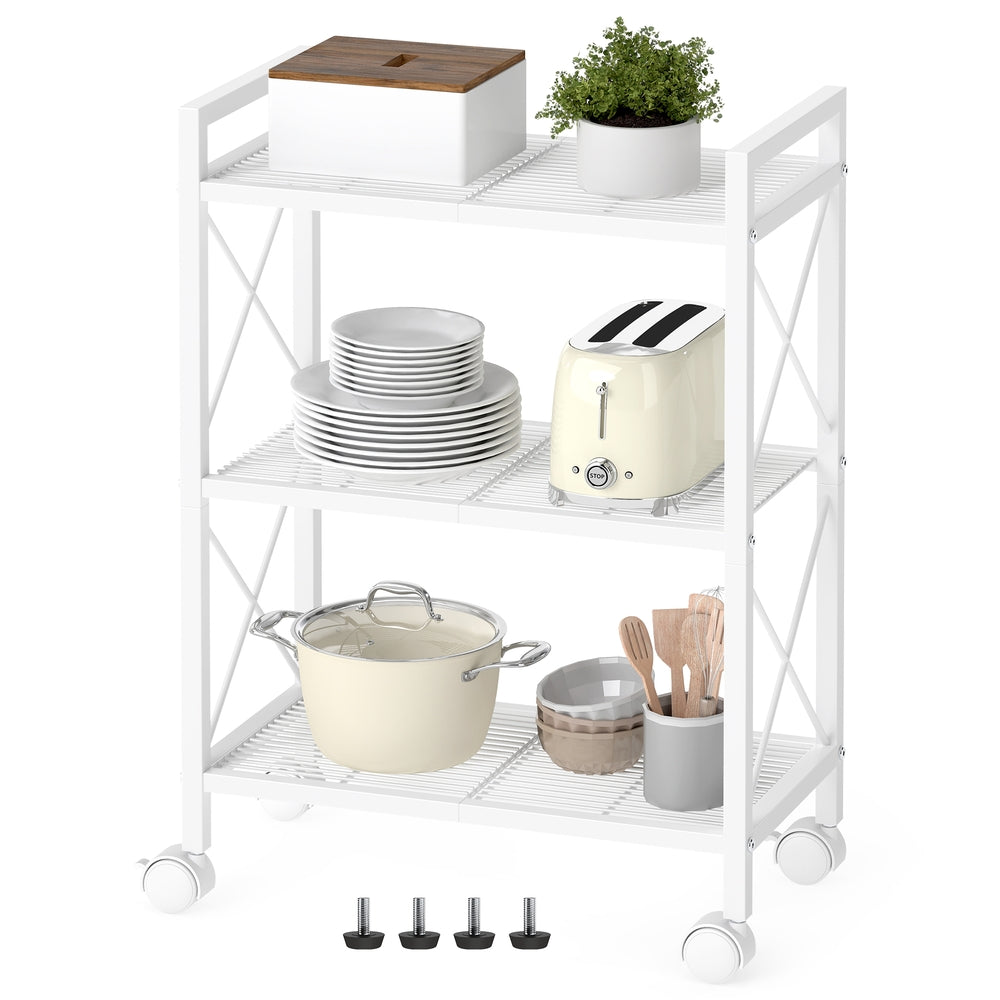 3-Tier Metal Storage Rack - Wheels - Mesh Shelves - 32 Inch Wide - Matte White