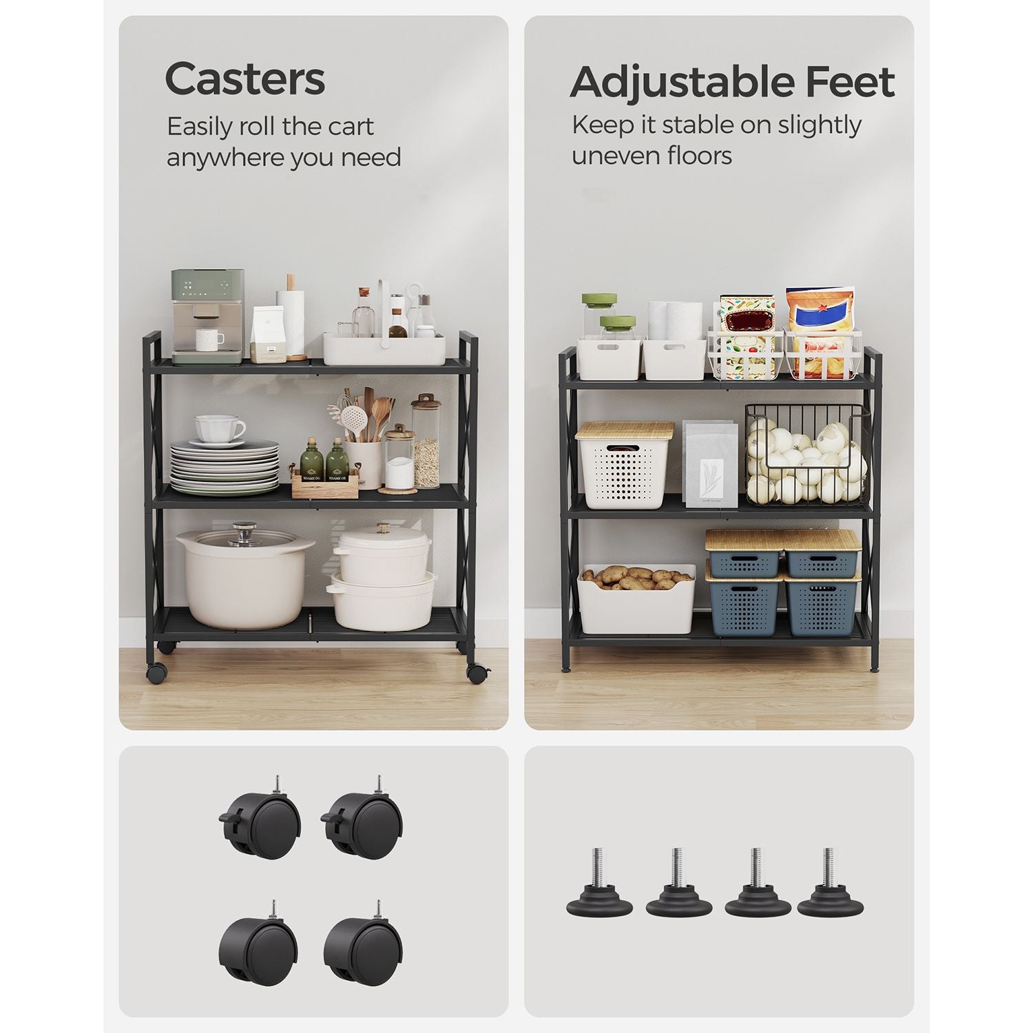 3-Tier Metal Storage Rack - Wheels - Mesh Shelves - 32 Inch Wide