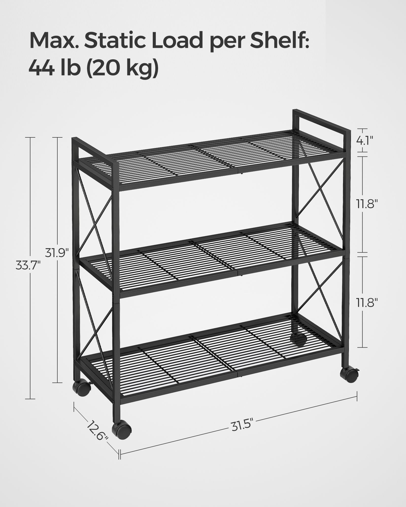 3-Tier Metal Storage Rack - Wheels - Mesh Shelves - 32 Inch Wide