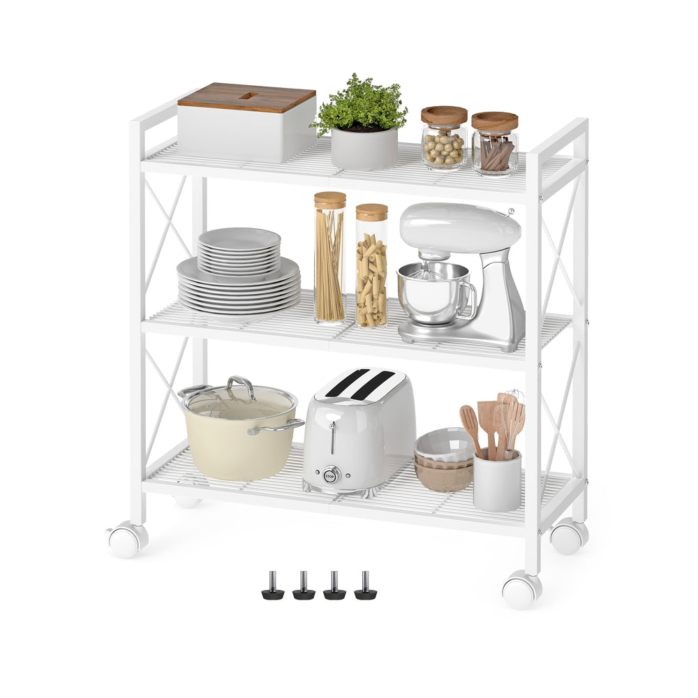 3-Tier Metal Storage Rack - Wheels - Mesh Shelves - 32 Inch Wide - White
