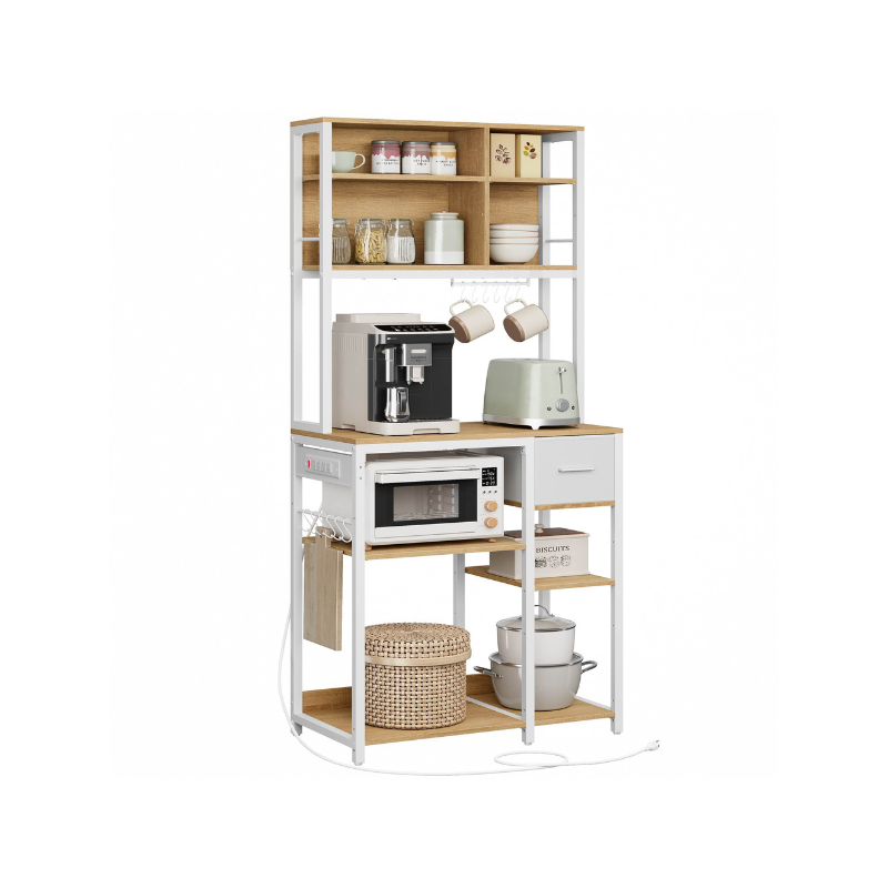 Baker's Rack, Power Strip, Coffee Bar, Fabric Drawer, Hooks, Adjustable Shelves