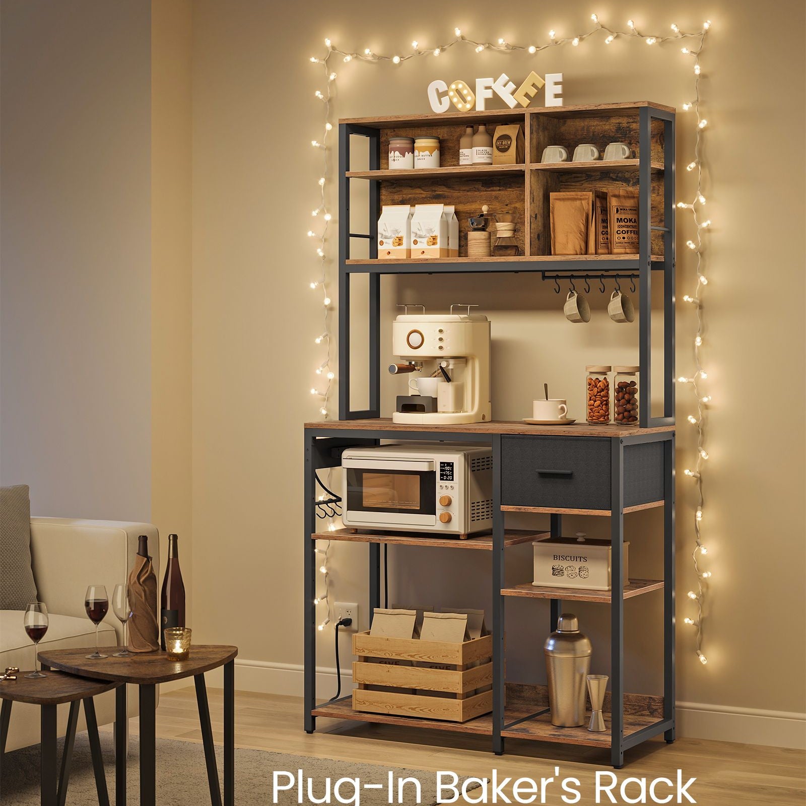 Baker's Rack, Power Strip, Coffee Bar, Fabric Drawer, Hooks, Adjustable Shelves