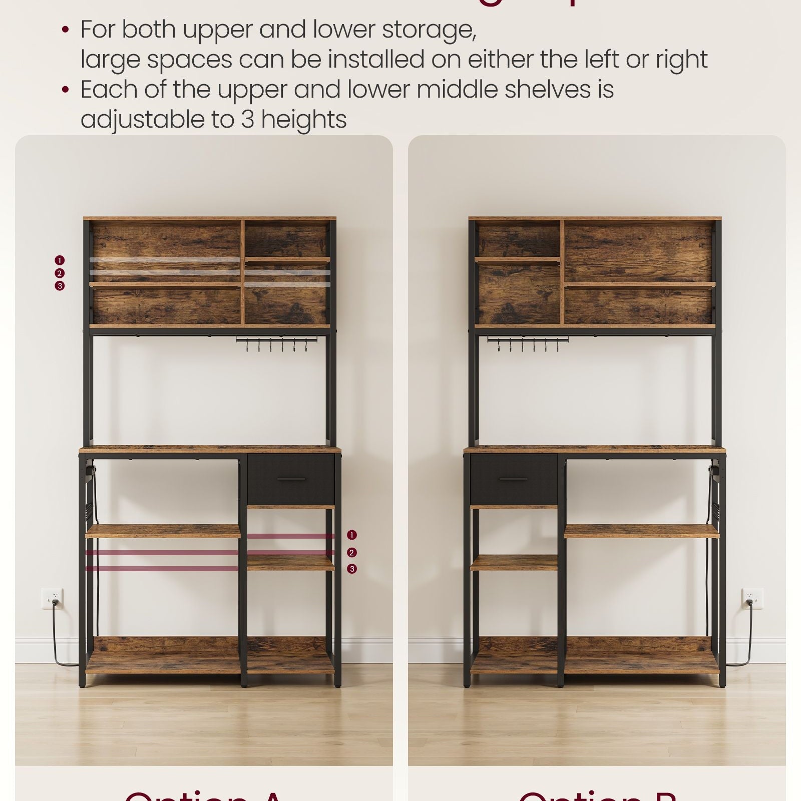 Baker's Rack, Power Strip, Coffee Bar, Fabric Drawer, Hooks, Adjustable Shelves