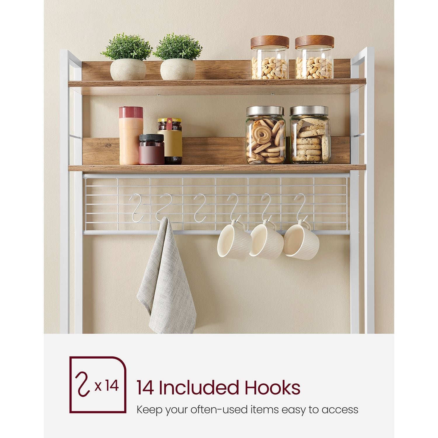 Baker's rack, power outlet, 5-tier kitchen stand, hooks, adjustable shelf