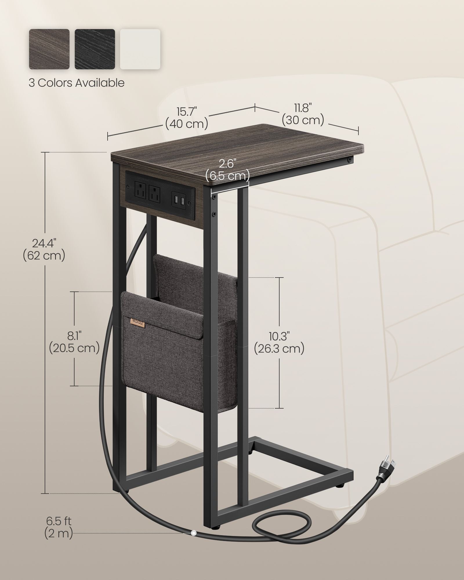 C-Shaped Side Table, 24.4" H, Wheels/Charging Station/Storage Bag, Small Space