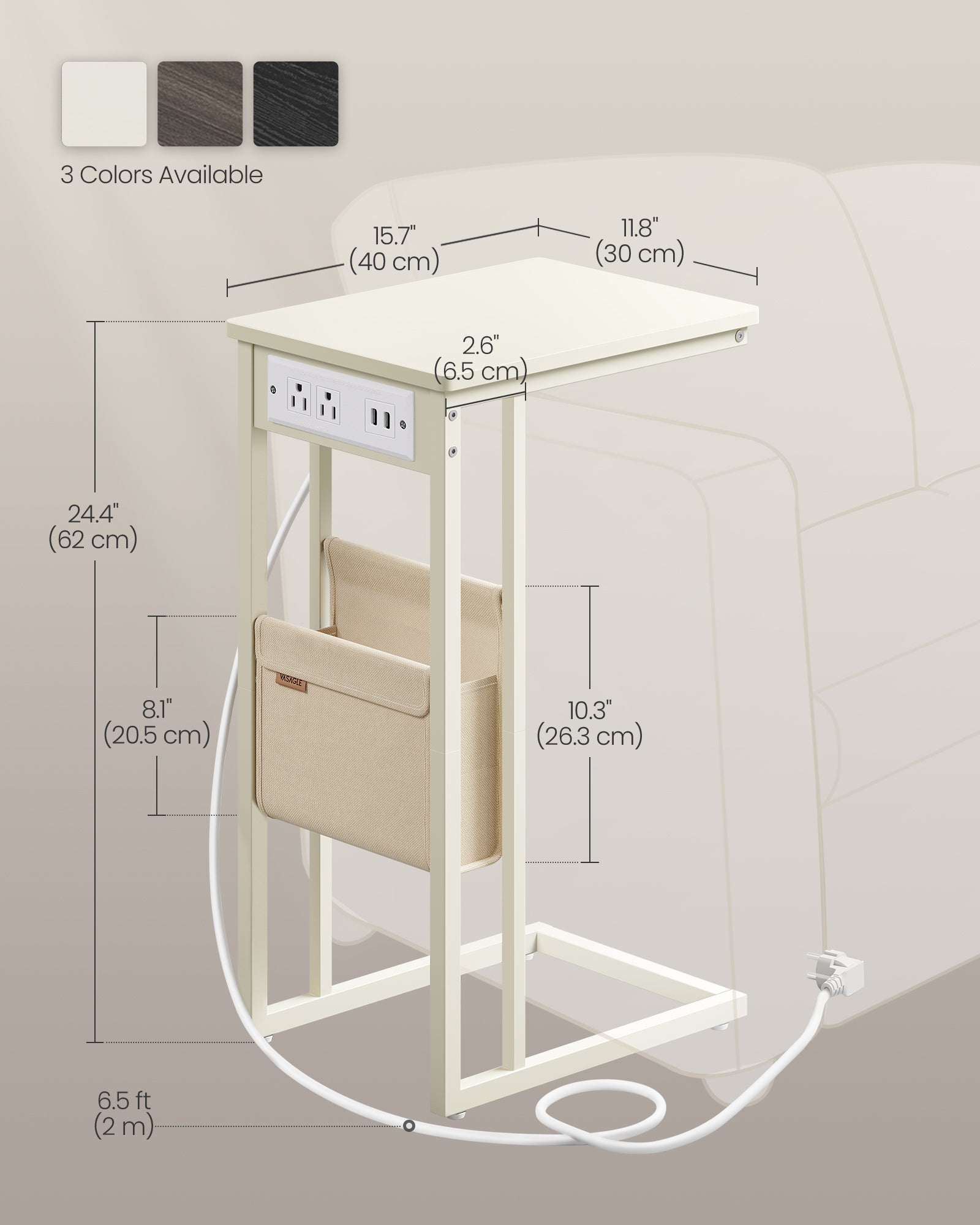 C-Shaped Side Table, 24.4" H, Wheels/Charging Station/Storage Bag, Small Space